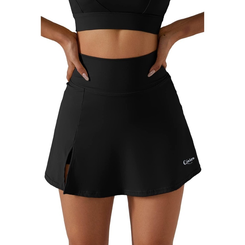 QINSEN Black Athletic Skort with Built-in Shorts Tennis Golf Running Size L